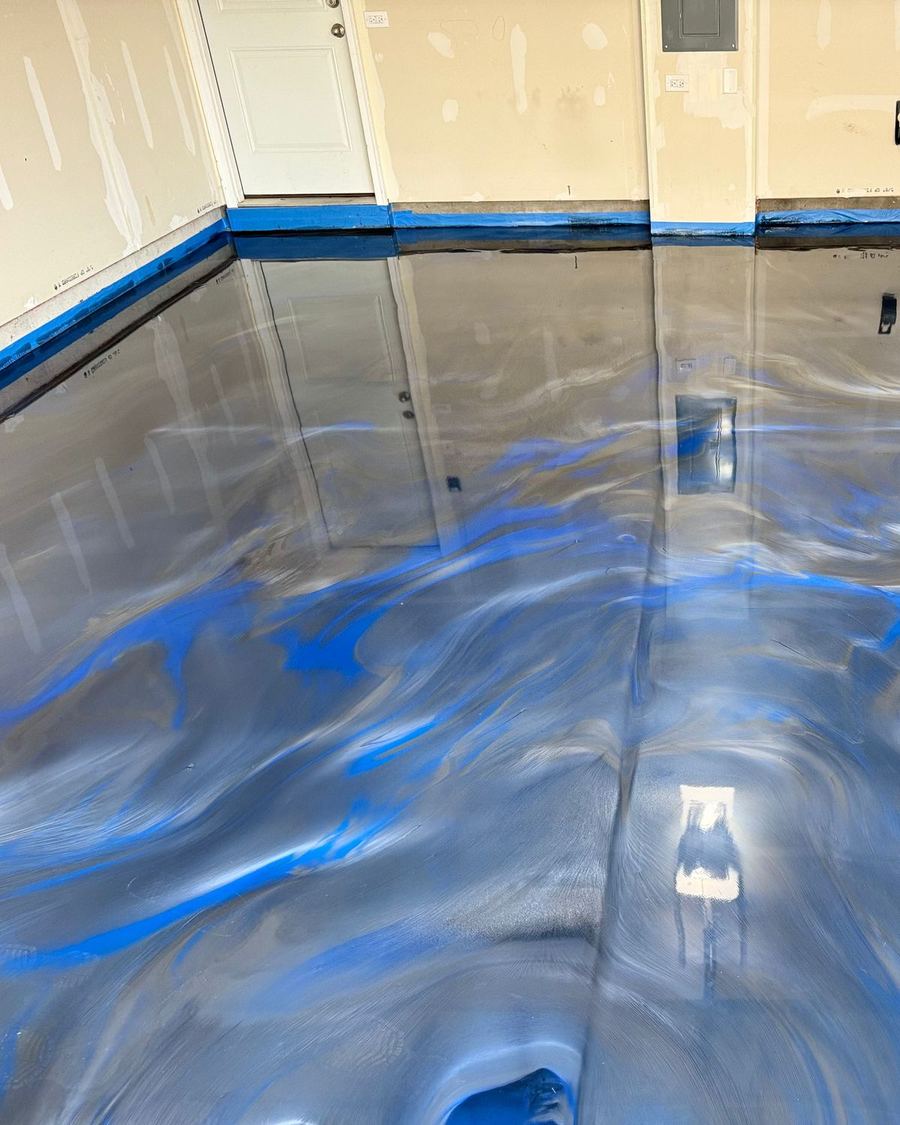 Blue and silver metallic epoxy garage floor with a high-gloss finish in Joliet, IL